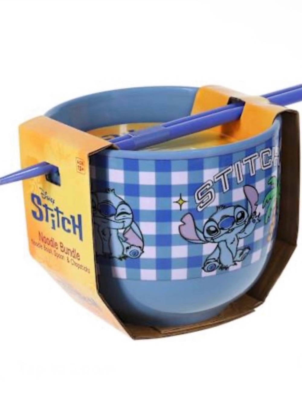 NWT Stitch Aloha Blue Checkered Bowl with Chopsticks - Picture 5 of 9